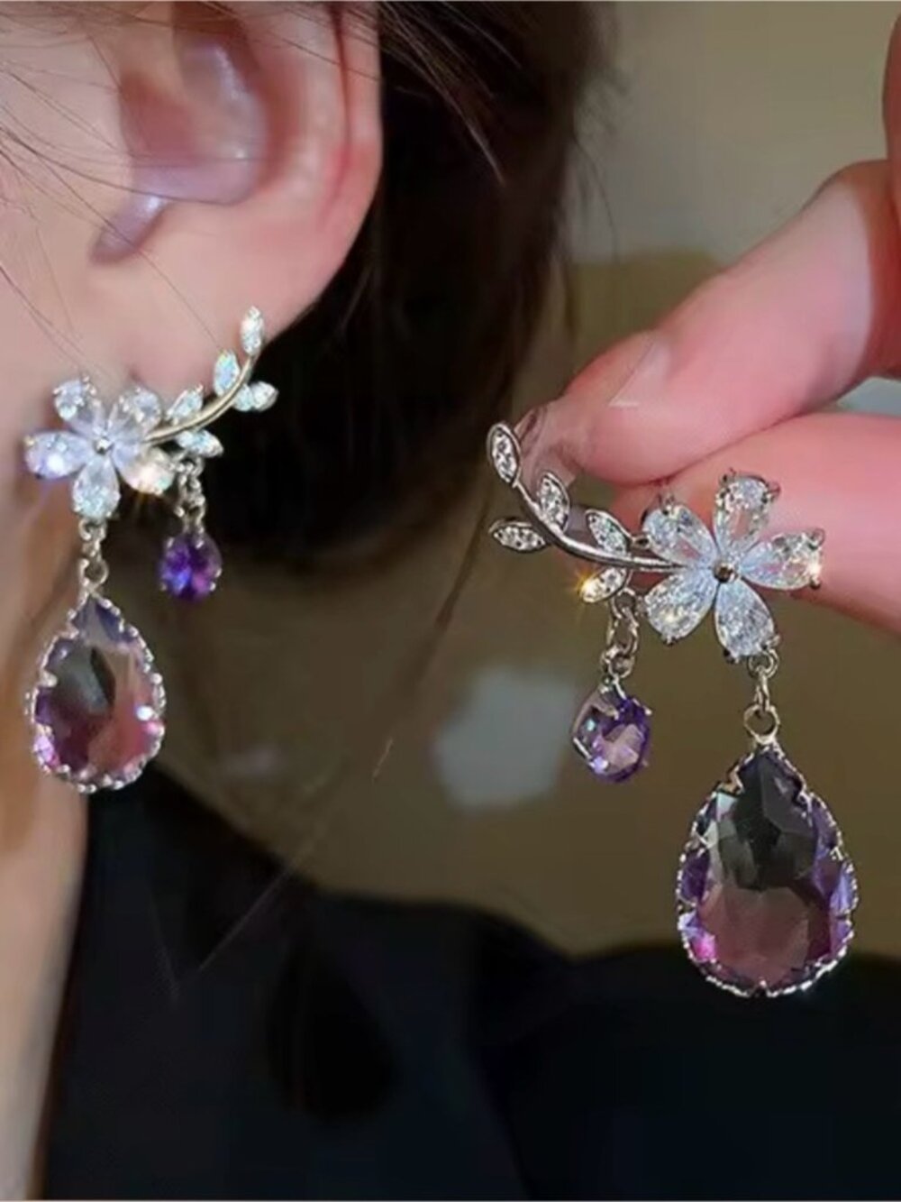 Floral Crystal Drop Earrings with Purple Teardrop Accent